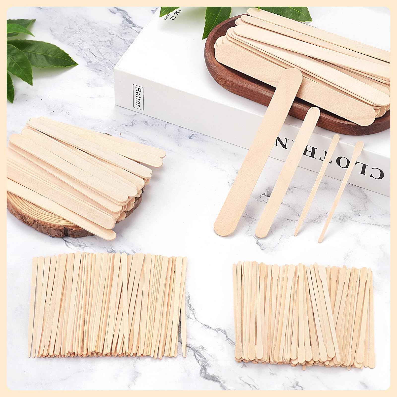 WoBiogHo 500 Pcs 4 Style Waxing Sticks Assorted Wooden Wax Applicator Stick for Body Legs Face Eyebrows and Small Medium Large Sizes Waxing Spatulas Popsicle Stick for Hair Removal Wood Craft Sticks