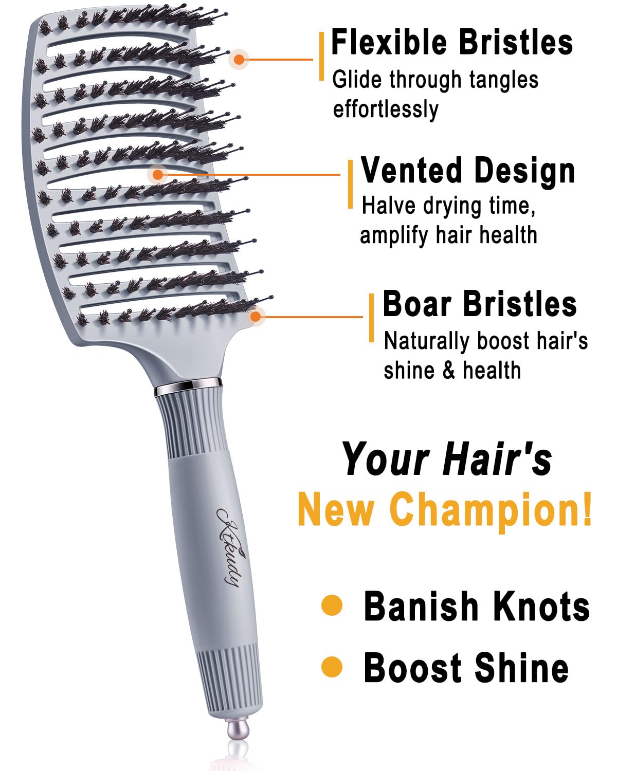 KTKUDY Wet or Dry Hair Detangling Brush - Glides Through Tangles Detangler Brush with Boar Bristles For Women Men & Kids - Faster Blow Drying - Curved HairBrush