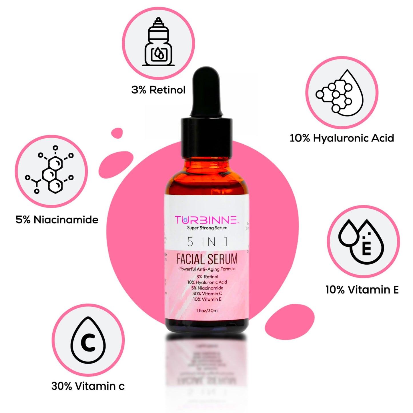 Turbinne 5 In 1 Overnight Facial Serum. 5 Powerful Serums. Retinol, Hyaluronic Acid, Niacinamide, Vitamin C & E. Powerful Anti-Aging, Reduce Wrinkles, Acne Scars, Dark Spots (Pack Of 3)