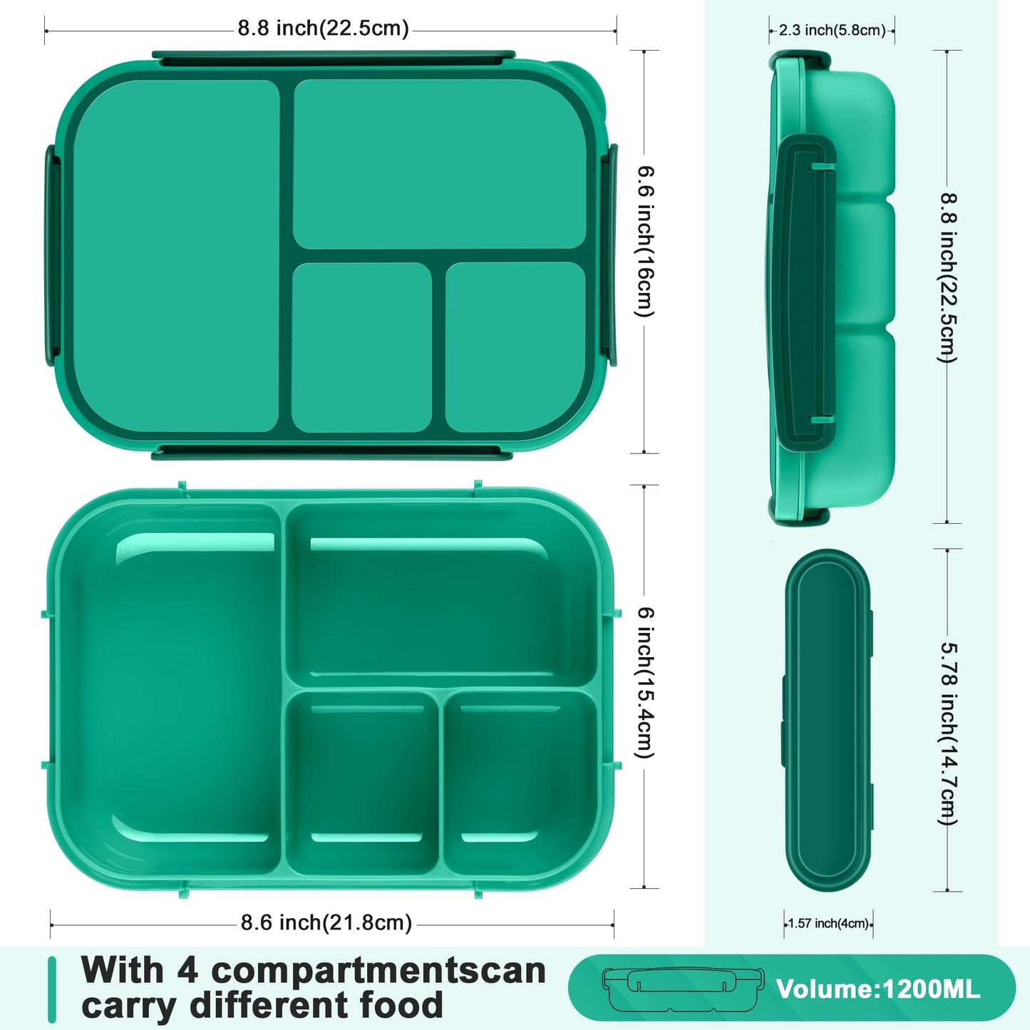 Amathley Lunch Box Kids,Bento Box Adult,Leakproof Lunch Containers for Adults/Kids/Toddler,1200ML-4 Compartments bento Lunch box with Utensil,Microwave & Dishwasher & Freezer Safe (Green)