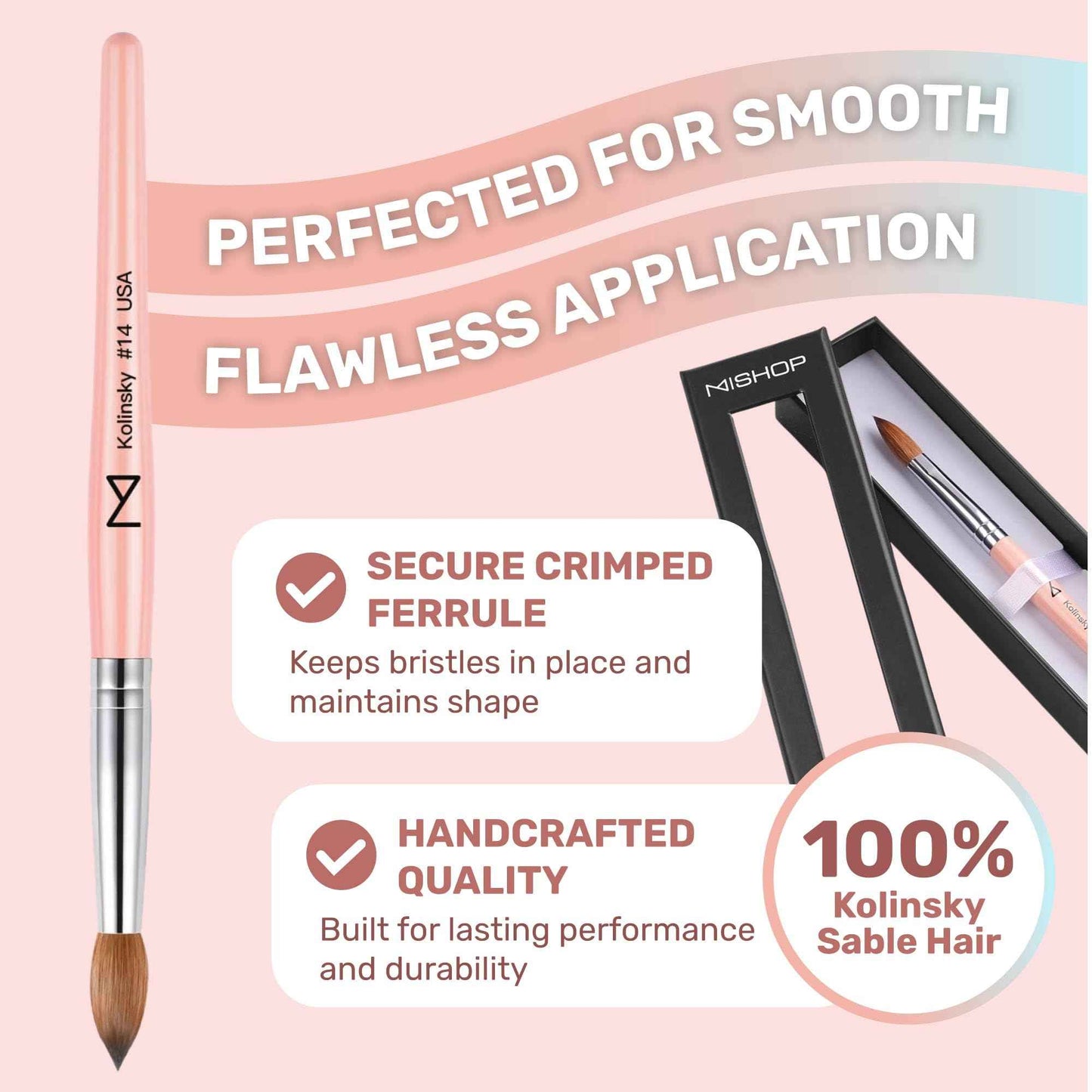 M – Majesti Pink 100% Kolinsky Acrylic Nail Brush | Professional Acrylic Sculpting & Application Brush | Handcrafted Premium Nail Art Tool for Nail Technicians (#14)