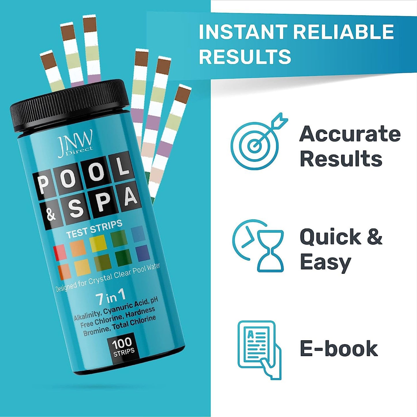 7-Way Pool Test Strips, 100 Quick & Accurate Pool and Spa Test Strips, Pool Water Test Kit - Chlorine, Bromine, pH, Hardness, Alkalinity, Pool Water Tests, Spa and Hot Tub Test Strips with Ebook - JNW