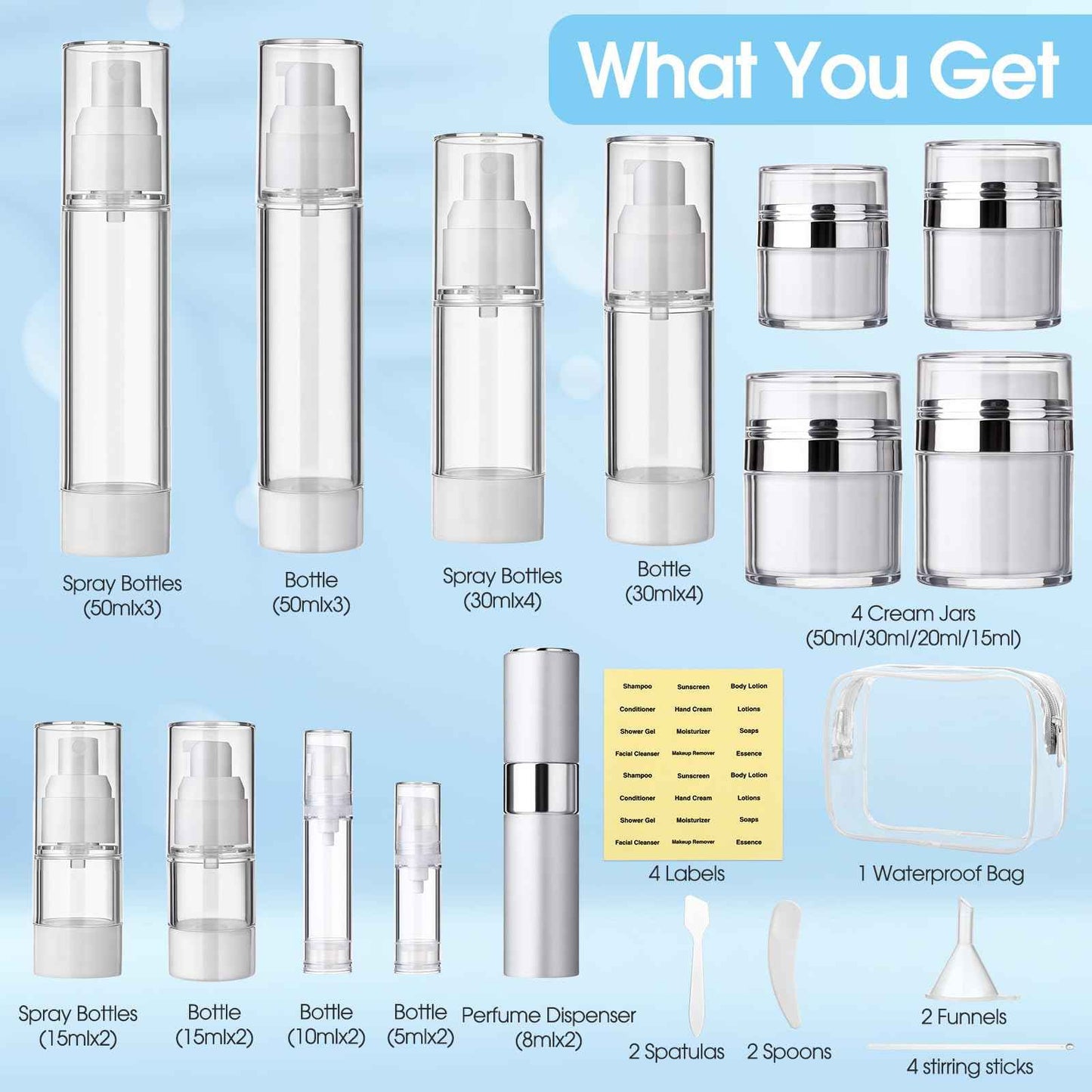 Meanplan 43 Pack Airless Pump Jars Set 1.7/1/0.7/0.5/0.34/0.17oz Clear Skincare Containers with Label Bag Refillable Makeup Skincare Travel Size Empty Bottles for Toiletries, Lotion, Liquid, Cream