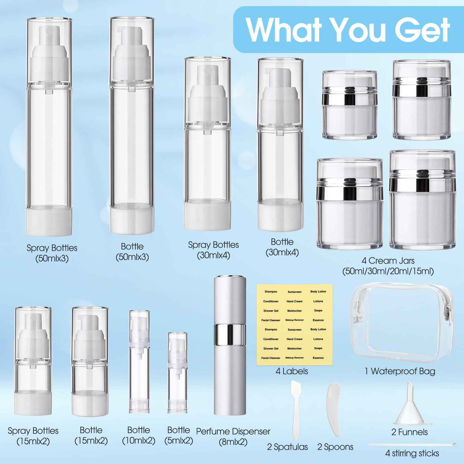 Meanplan 43 Pack Airless Pump Jars Set 1.7/1/0.7/0.5/0.34/0.17oz Clear Skincare Containers with Label Bag Refillable Makeup Skincare Travel Size Empty Bottles for Toiletries, Lotion, Liquid, Cream