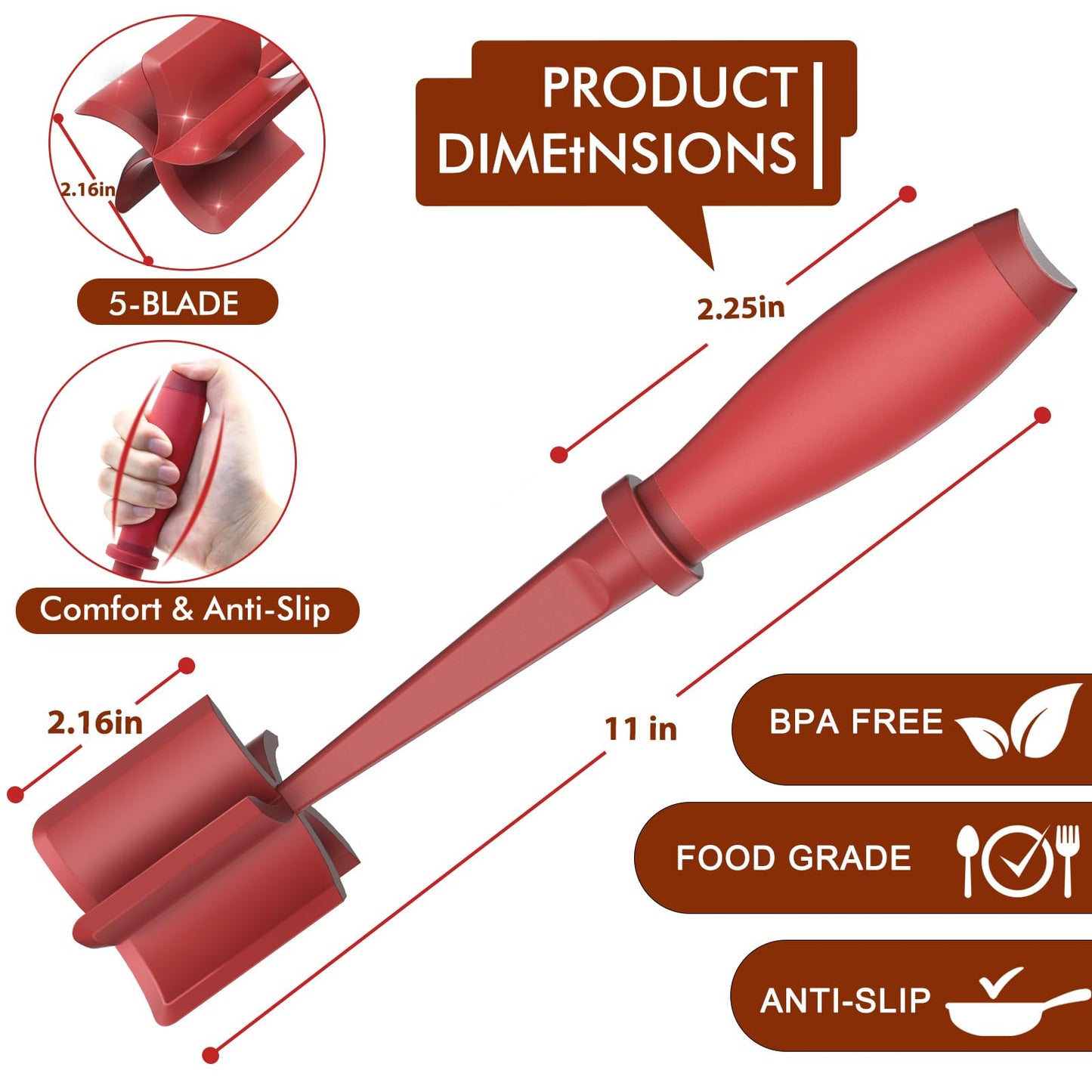 Upgrade Meat Chopper, Heat Resistant Meat Masher for Hamburger Meat, Ground Beef Smasher, Nylon Hamburger Chopper Utensil, Ground Non Stick Mix Chopper, Mix and Chop, Potato Masher Tool（Red）