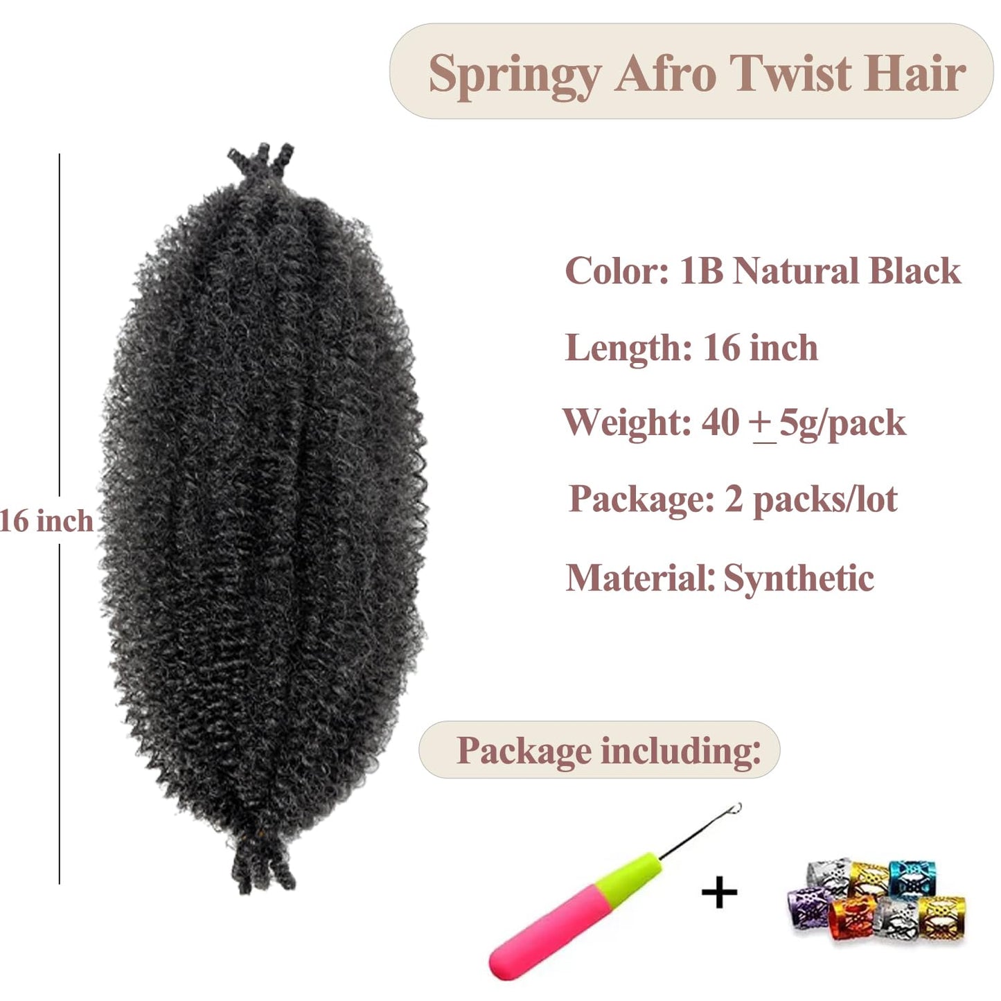 Viovian 2 Packs Springy Afro Twist Hair 16 Inch Pre-Separated Afro Spring Twist Hair Afro Kinky Twist Hair Wrapping Hair for Soft Locs Natural Black(1B#)