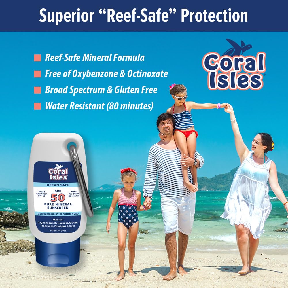 Coral Isles Reef Safe Sunscreen, SPF 50 Mineral Sunscreen, Broad Spectrum UVA/UVB, Fragrance Free, Water & Sweat Resistant, Zinc Oxide Sunscreen for Sensitive Skin, 2 FL Oz Bottle (Pack of 2)