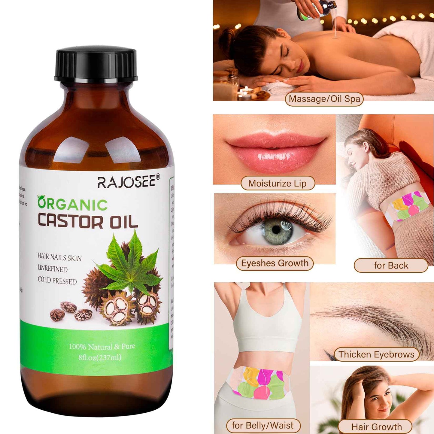 2 Pcs Certified Organic Castor Oil, Natural Oil Cold Pressed in Glass Bottle, Massage Oil, Pure for Hair Growth Eyelashes Eyebrows Lash Serum - Hexane Free, 8 oz Per Bottle