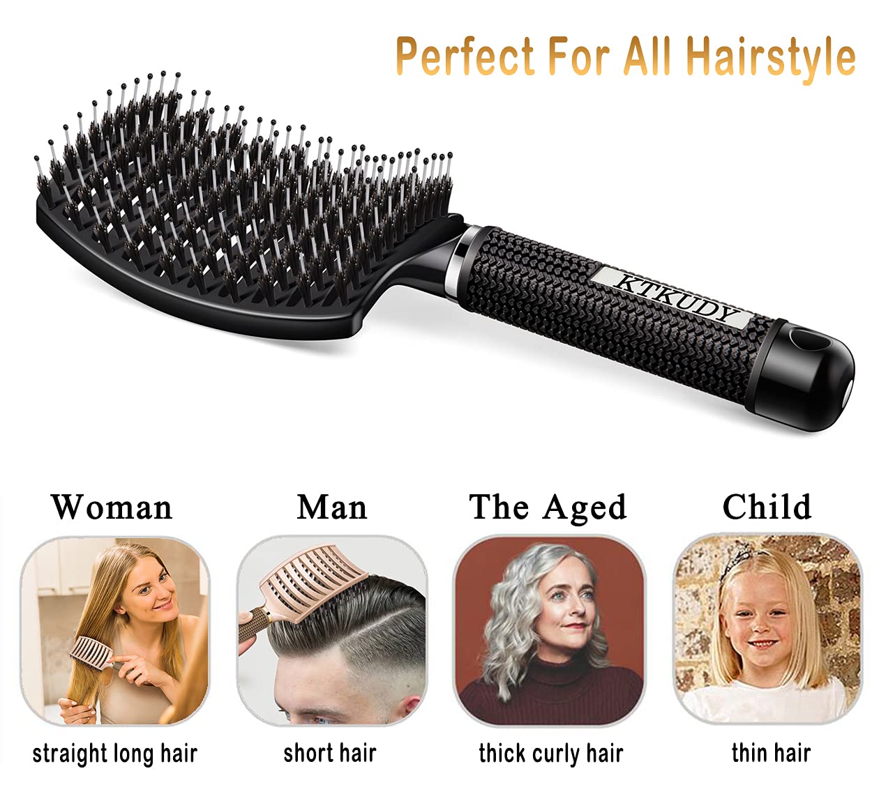 KTKUDY Detangling Hair Brush - Boar Bristle & Tangle-Free Design for Kids, Women, and Men - Perfect for Wet and Dry Hair - Smooth, Magical Pain-Free Styling (Black)