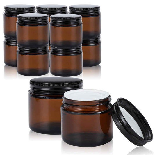 RAMFIYN 2oz Amber Glass Jars with Lids - 12 Pack Cosmetic Containers for Travel, Lotion, Cream
