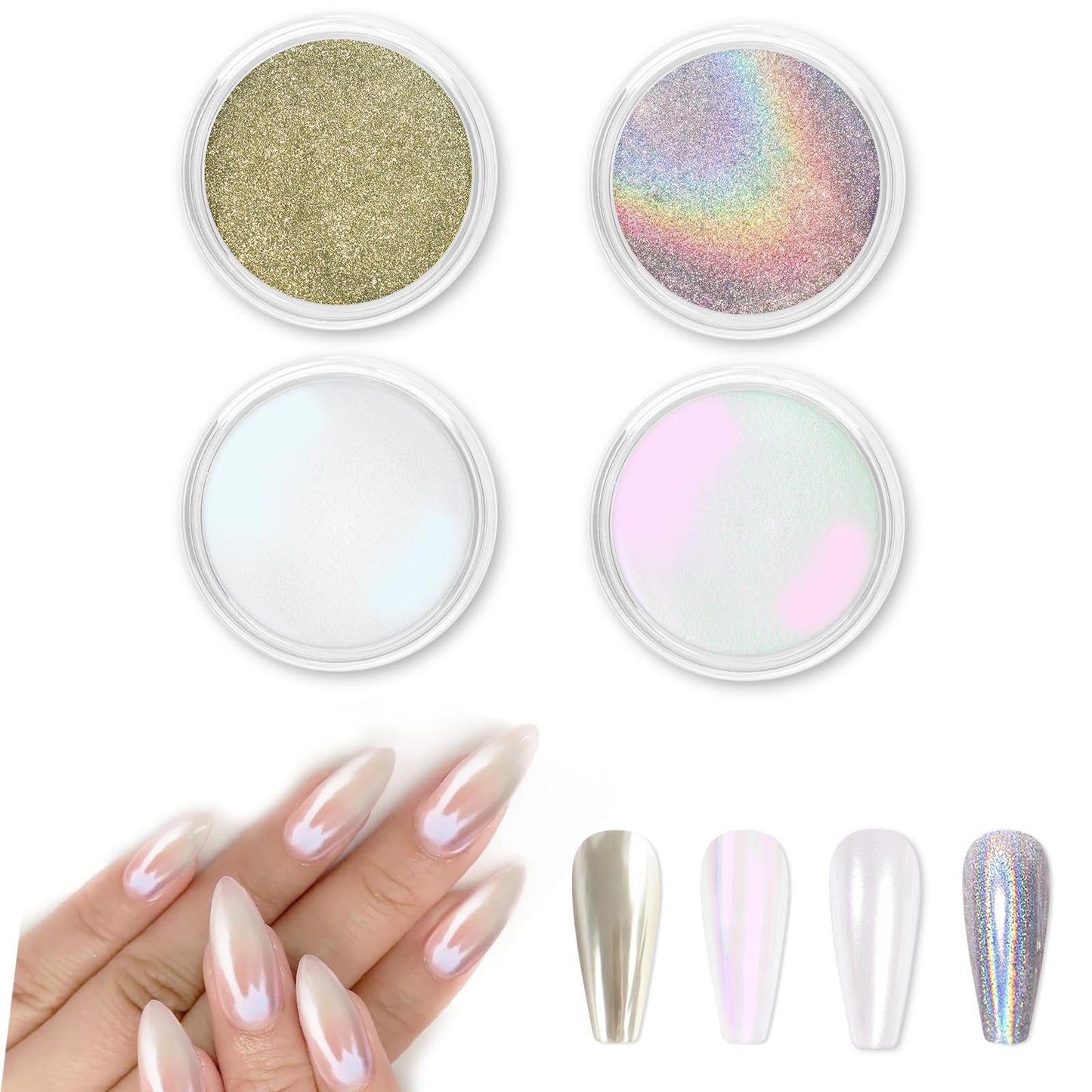 Allstarry Chrome Nail Powder 4pcs White Pearl Chrome Pigment Powder Iridescent Holographic Nail Glitter Dust Metallic Mirror Effect Pigment for Nail Gel Manicure DIY at Home Salon Women Gifts