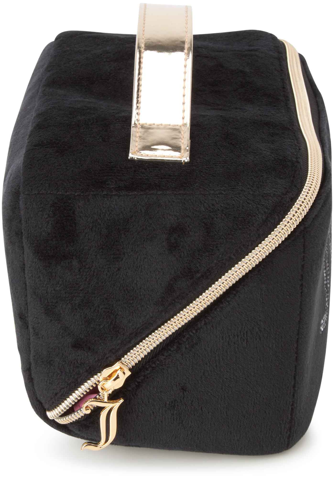 Juicy Couture Black Makeup Bag Cosmetics Organizer Travel Essentials Cross Zip Velour Rhinestone Gold Handle