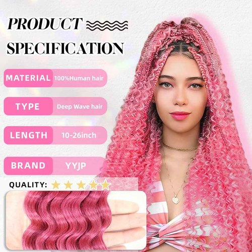 16 Inch Deep Wave Human Braiding Hair for Boho Braids – 50g 1 Bundles/Pack Pink 100% Unprocessed 12A Brazilian Virgin Human Hair Bulk, No Weft, Wet & Wavy Curly Extensions