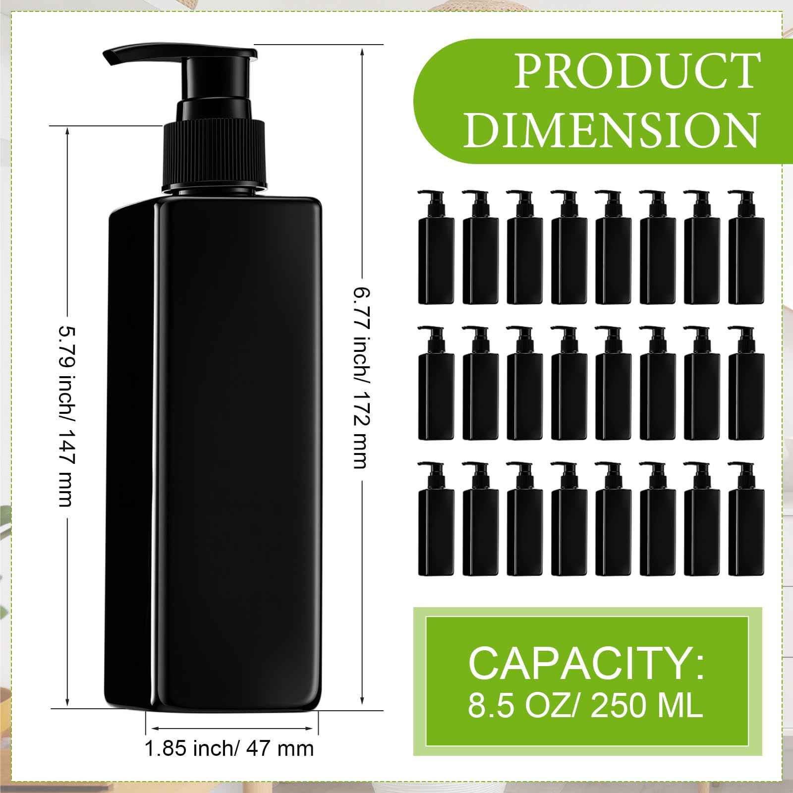 Chunful 24 Pcs Soap Dispensers Plastic Pump Bottles 8.5 oz Refillable Dishwashing Liquid Dispenser with Pump Leakproof Empty Lotion Shampoo Bottles Containers (Black)