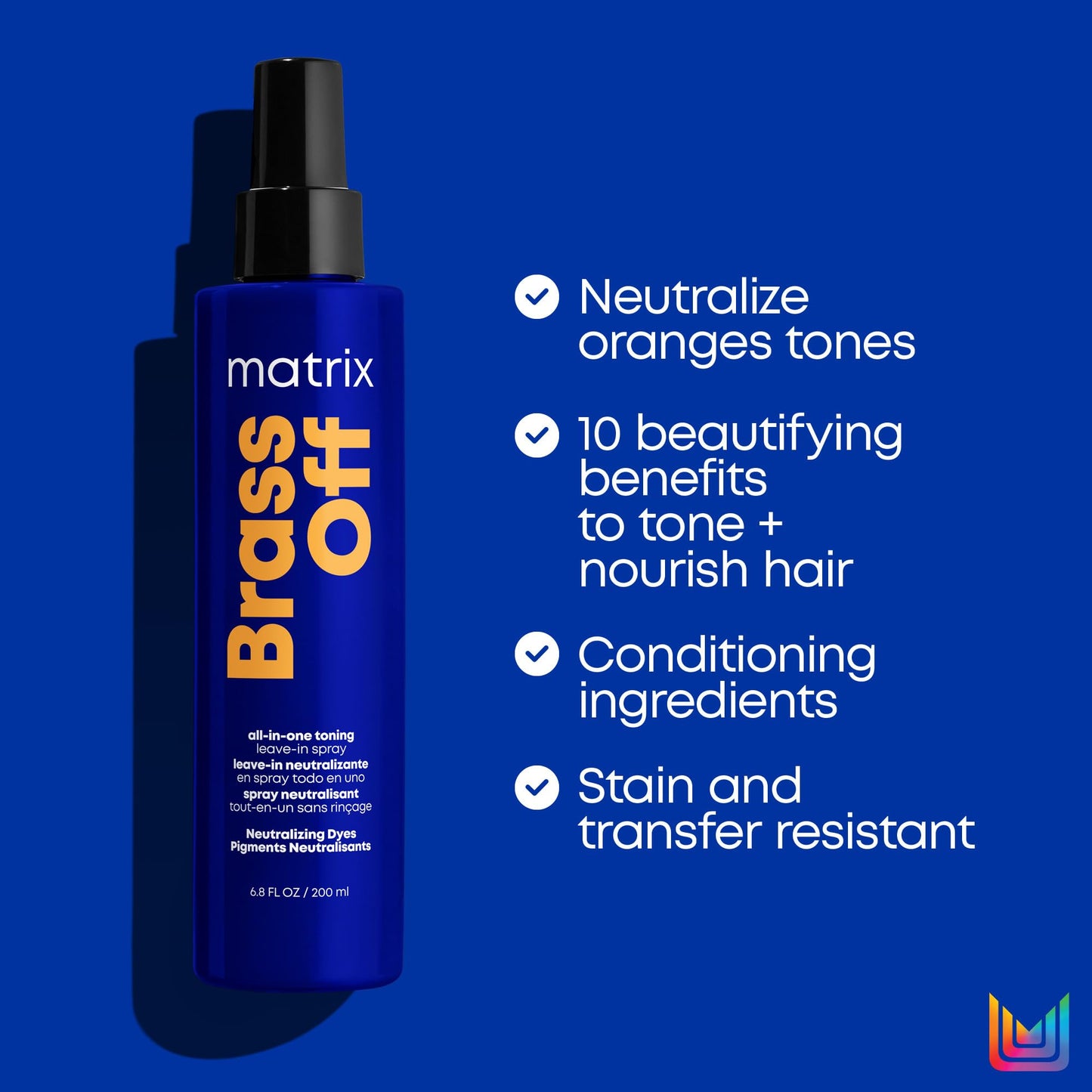 Matrix Brass Off All-In-One Toning Leave-In Spray | Neutralizes Brassy, Orange Tones | Nourishes Hair and Controls Frizz| For Color Treated Hair | 6.8 Fl. Oz