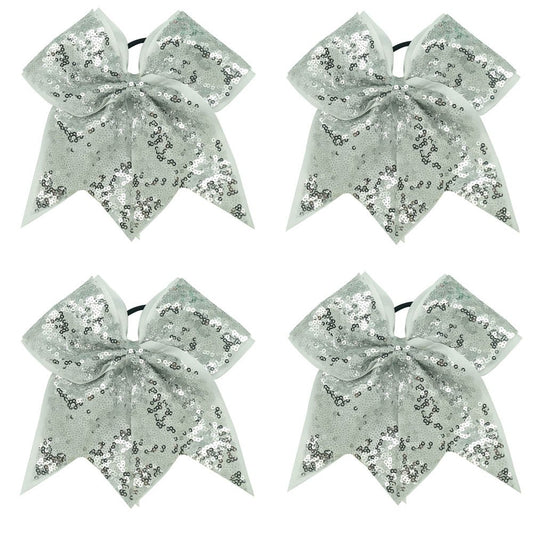 CN 7" Cheerleader Bows Sequined Ponytail Holder Elastic Band Handmade White Cheer Bows for Cheerleading Teen Girls College Sports Softball Gifts Hair Accessories - 4pcs