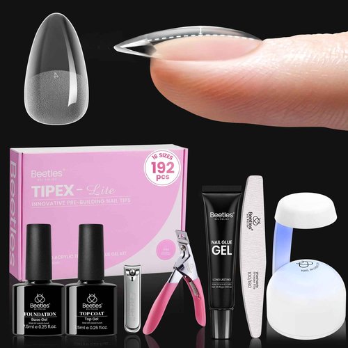 Beetles Tipex Lite Apex Nail Tips Kit, Almond Short, 192pcs 16 Sizes, with UV Nail Glue, Base & Top Coat, Mini Nail Lamp, Nail Clipper & Cuticle Nipper,Pre-Building Pre-Etched Acrylic Tips Kit