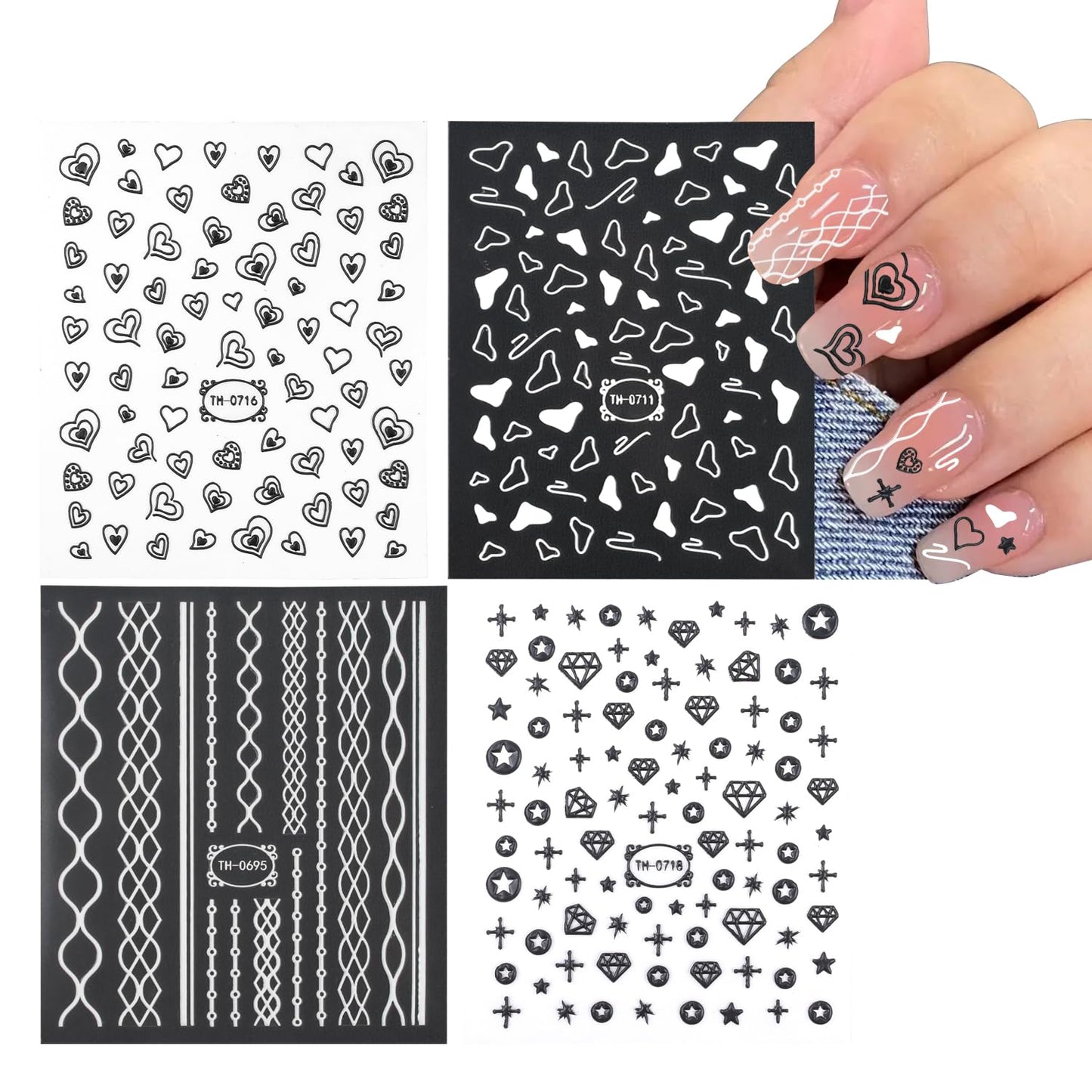 4 Styles Nail Art Stickers Relief Sculpture 5D Nail Decals for Nail Art, Scrawl Heart,Star,Wave Pattern,Cow Pattern,Rattanattan Shape Self-Adhesive Nail Stickers for Nail Charm Decoration DIY Kit