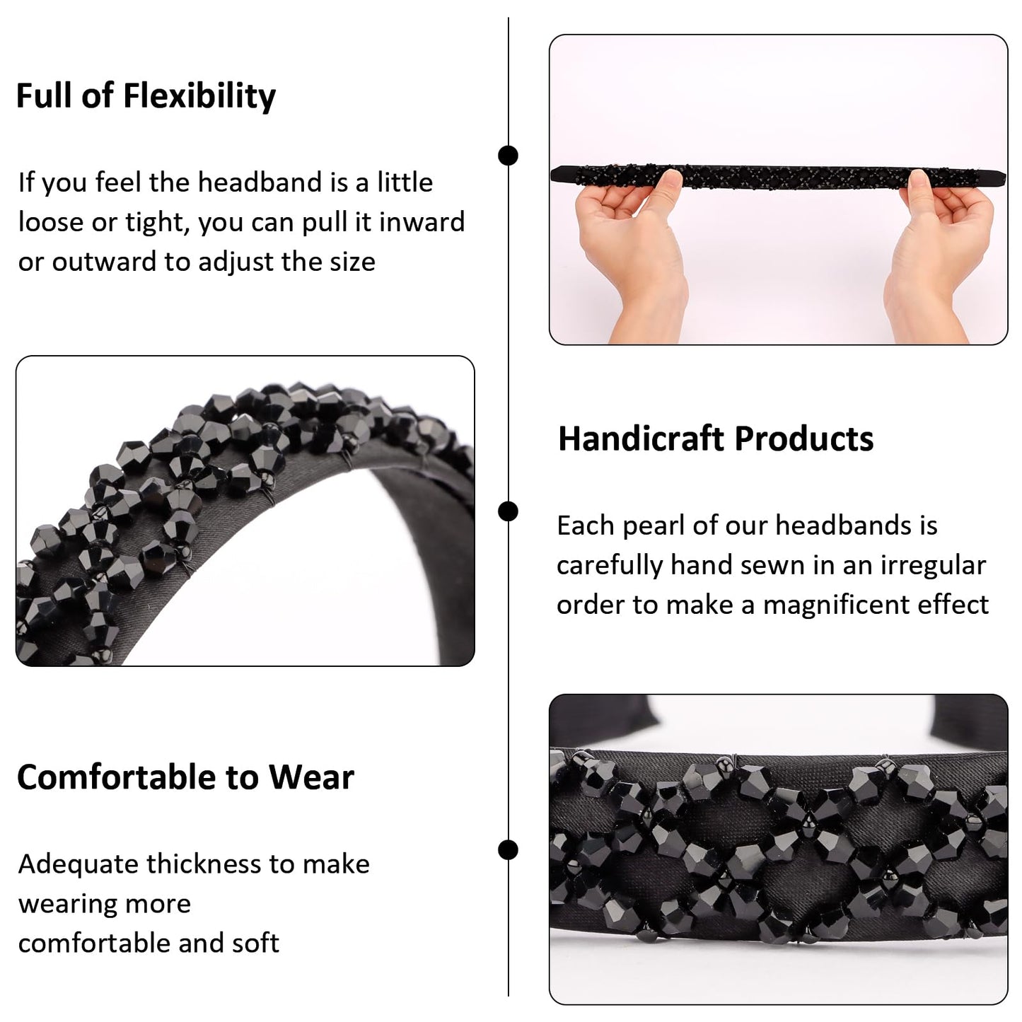 Hapdoo 1PC Black Crystal Headbands for Women Girls, Cute Beads Headband with Faux Crystal Diamond for Wedding Bride, Fashion Beaded Bling Hairbands Hair Hoop Accessories for Birthday Gifts