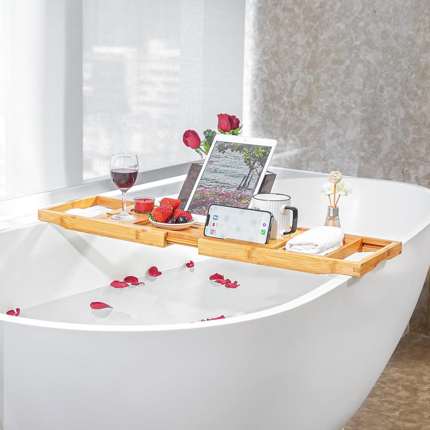 VaeFae Bamboo Bathtub Caddy Tray, Expandable Bath Tray for Tub with Upgraded Wine Slots and Book Holder - Ideal for One or Two Person Use