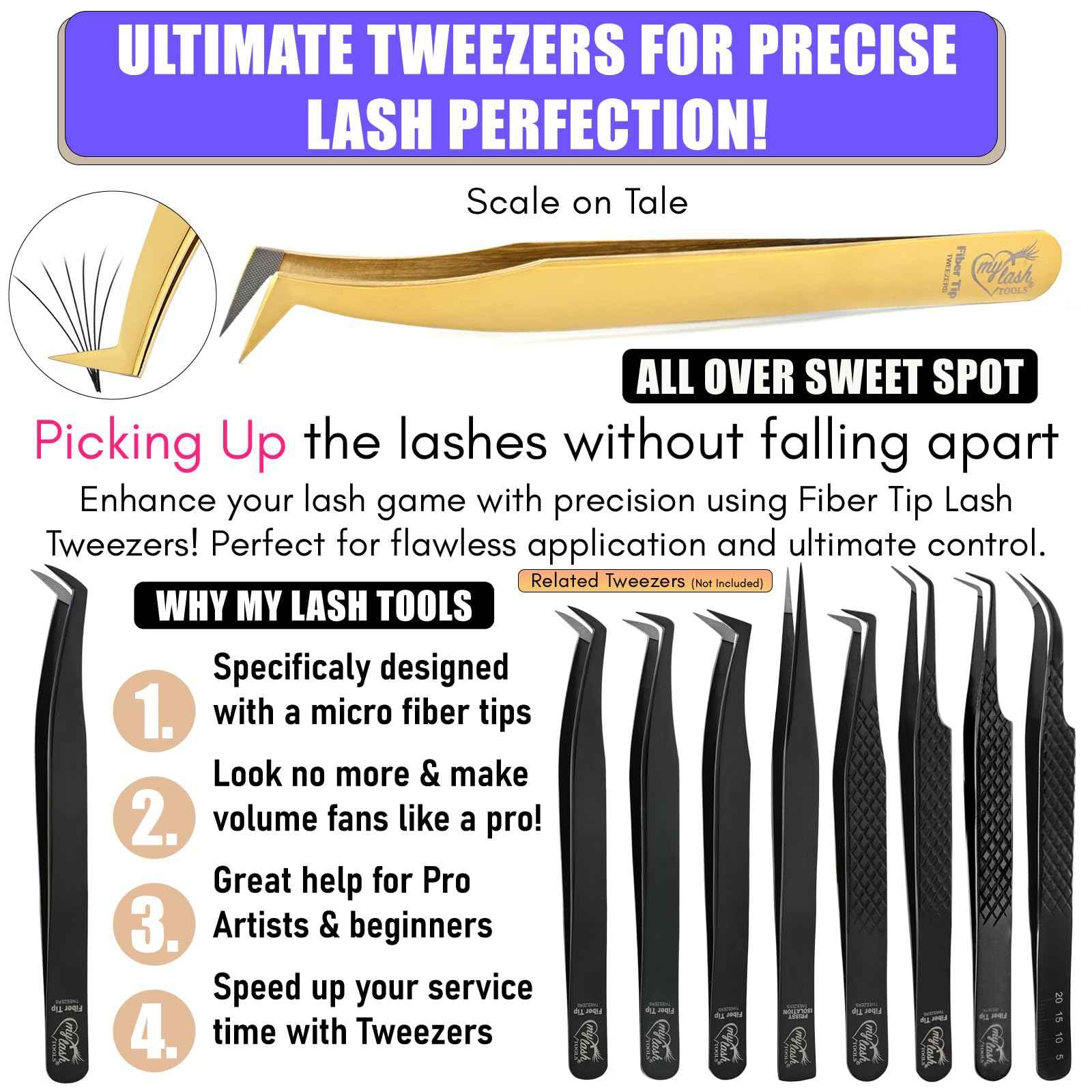 My Lash Tools Fiber Tip Lash Tweezers for Eyelash Extensions Pro Tweezer for Volume Lashes Japanese Stainless Steel Mink Lashes Fan Making Mega Volume Boot Angled Lashing Tweezers (Gold)