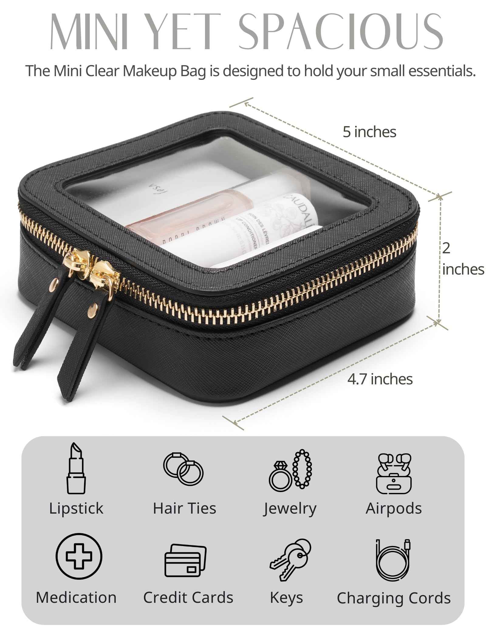Mini Clear Black Makeup Bag - Cute Square Cosmetic Pouch for Travel with Zipper - For Women & Girls