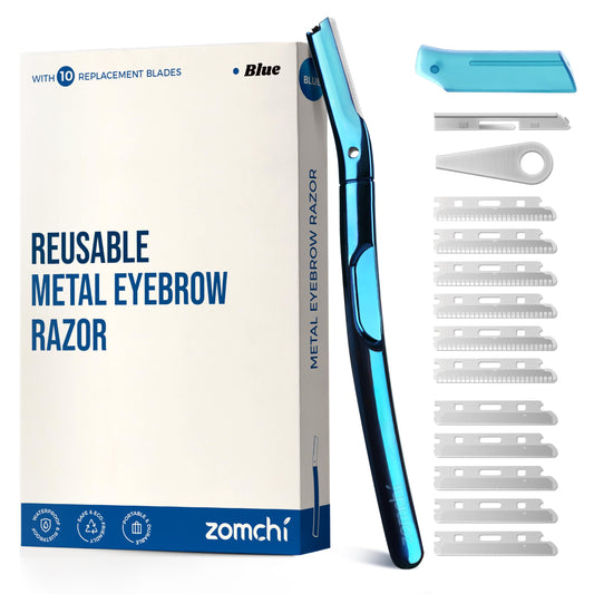 ZOMCHI Eyebrow Razor, Face Razors for Women&Men, Eyebrow Trimmer with Protective Silicone Cap, Dermaplane Razor-Easy&Safe Hair Removal(Blue,11 Blades)