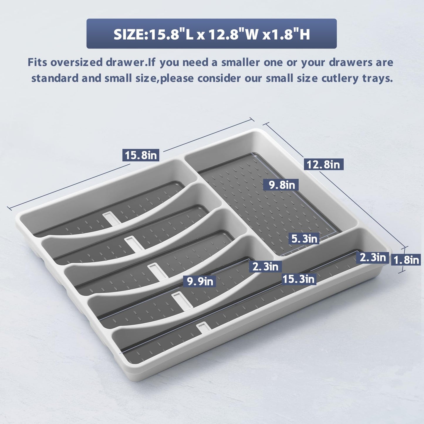 CherHome Silverware Organizer with Cutlery Icons，Silverware Tray for Kitchen Drawer，Plastic Flatware Tableware Silverware Drawer Organizer Utensil Organizer with Non-slip TPR Linings，6-Compartment