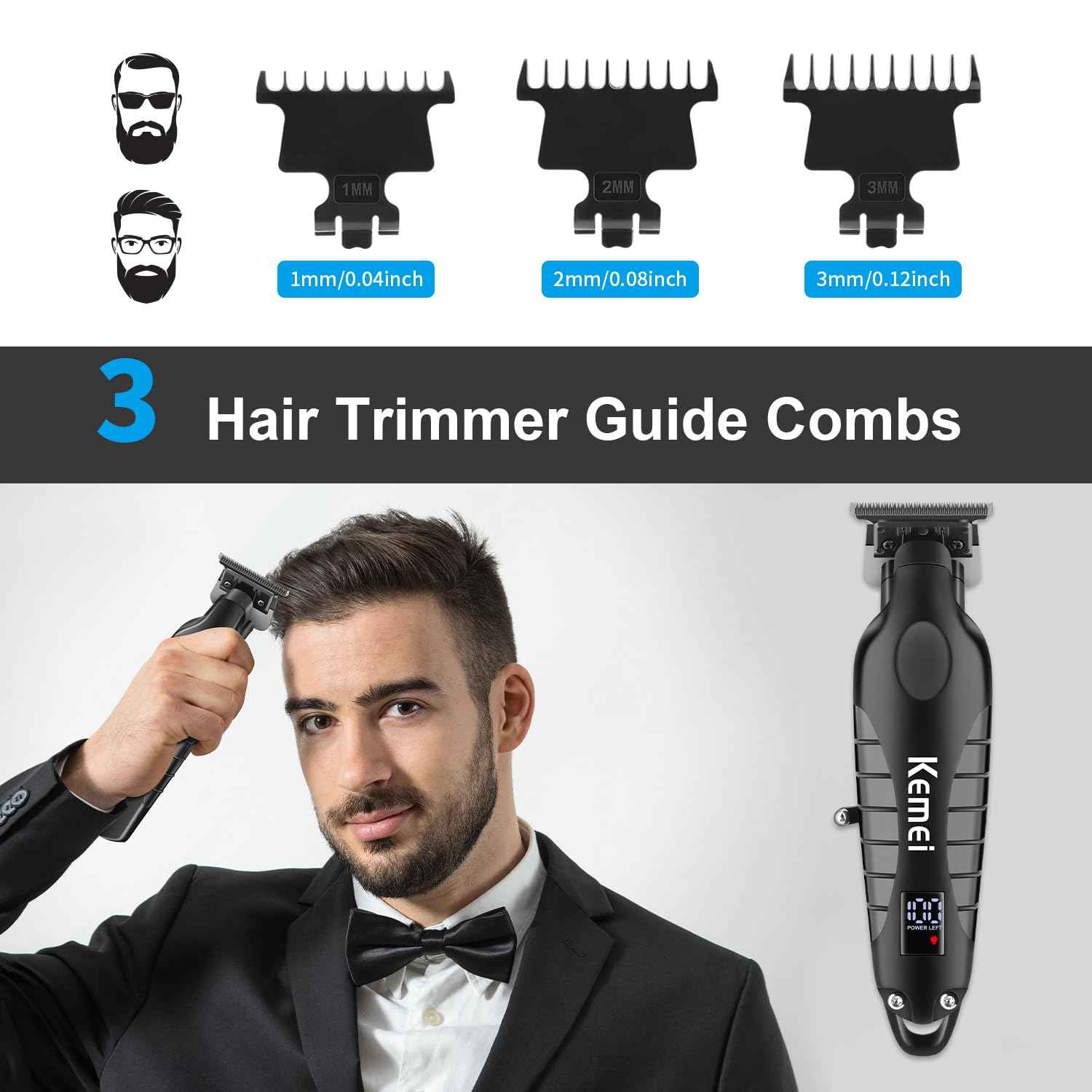KEMEI Trimmer Professional Cordless Hair Clipper for Men Electric Beard Trimmers Barber Hair Cuttings Kit, Zero Gapped T Blade Trimmers with LCD Display, KM-2293, Black
