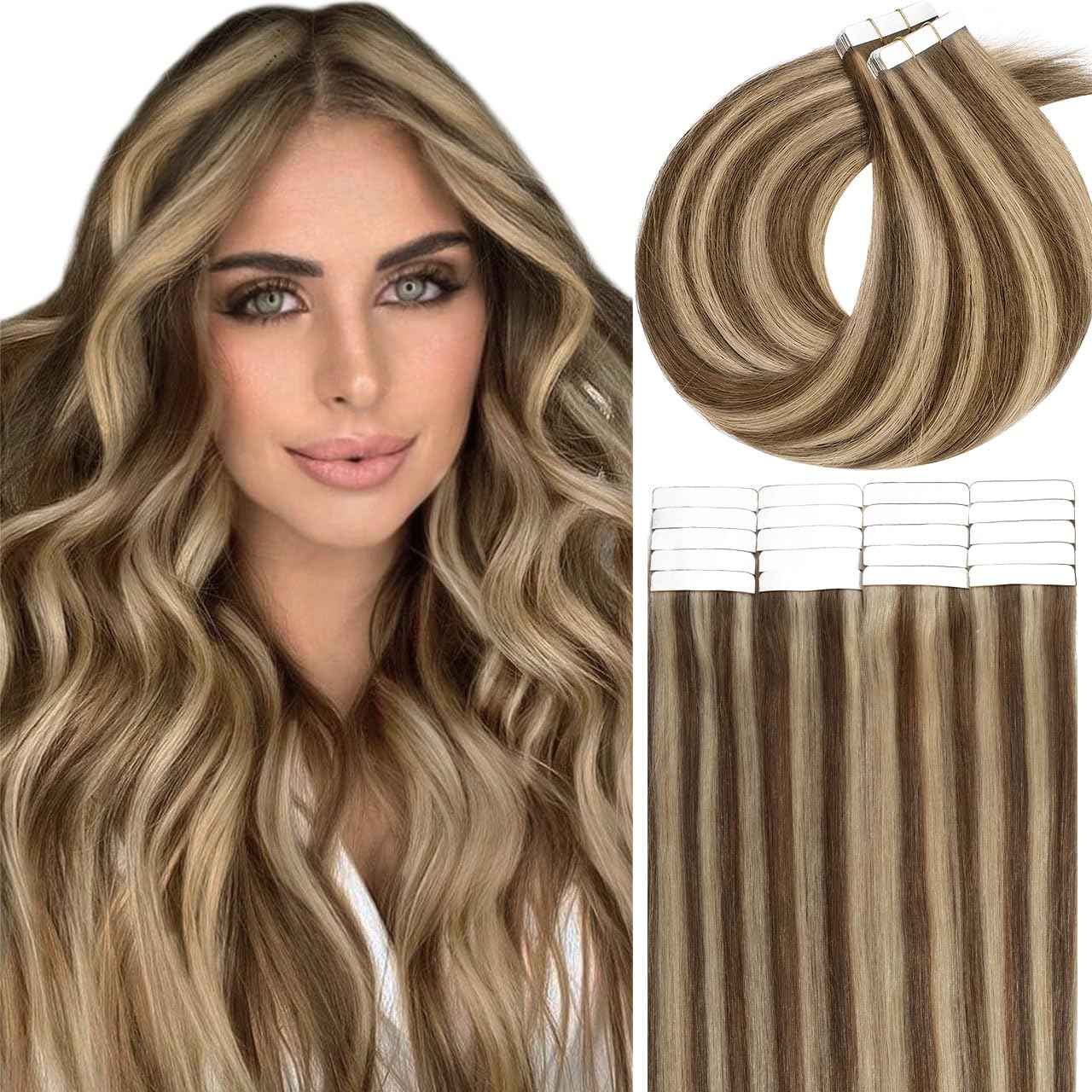 Lacer 16 Inch Natural Human Hair Tape in Extensions Chocolate Brown Highlights Light Golden Brown Invisible Double Sided Straight Tape in Hair Extensions Human Hair Black Women 50g 20pcs