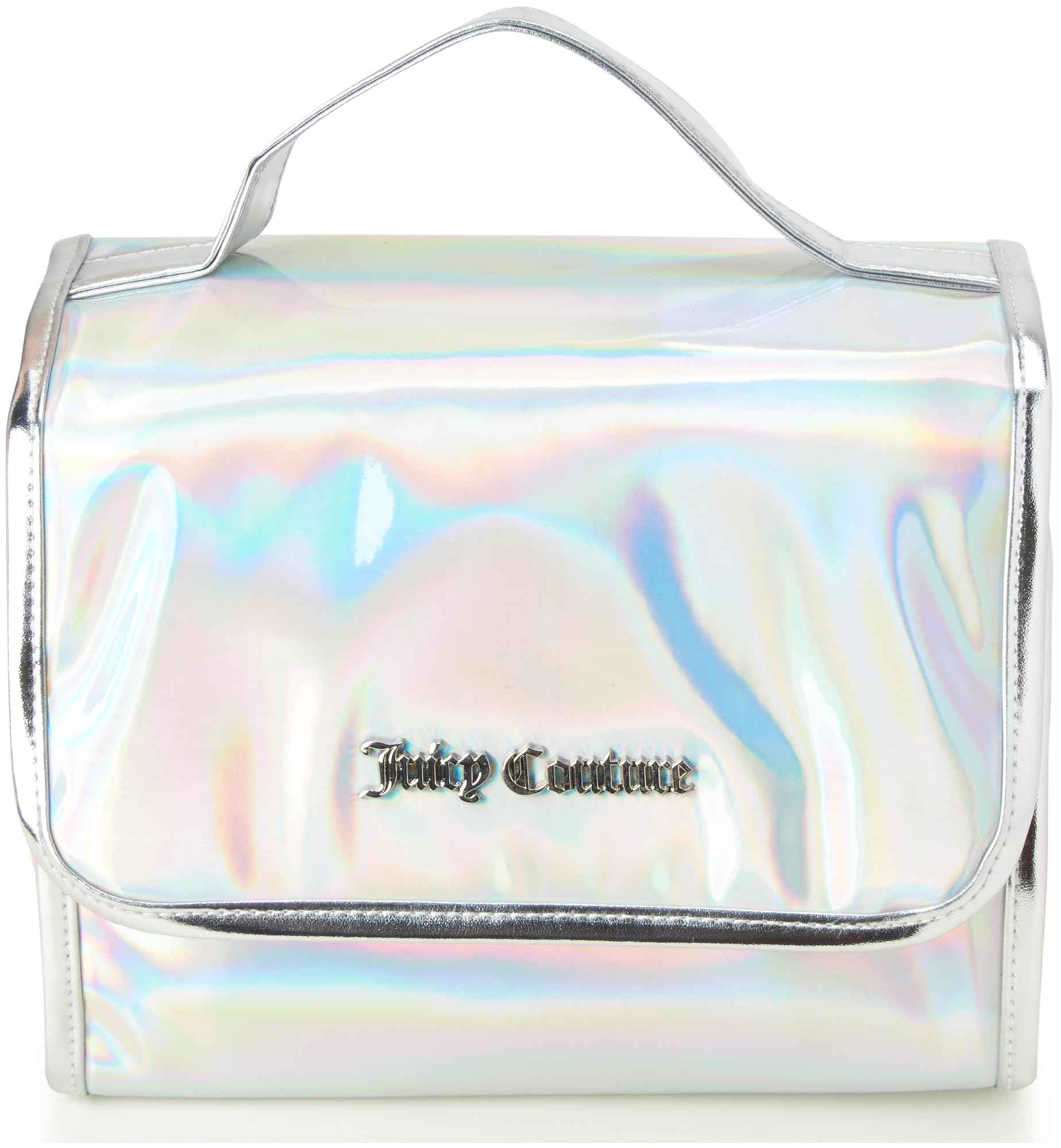Juicy Couture Iridescent Makeup Bag Cosmetics Organizer Travel Essentials Hanging Hook Iridescent Silver Trim