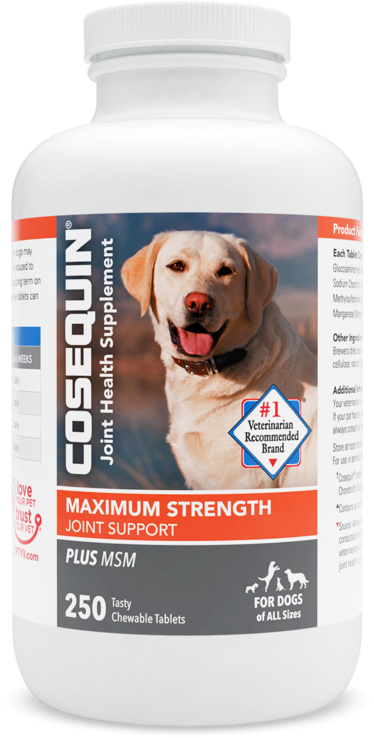 Nutramax Laboratories Cosequin Maximum Strength Joint Health Supplement for Dogs - With Glucosamine, Chondroitin, and MSM, 250 Chewable Tablets