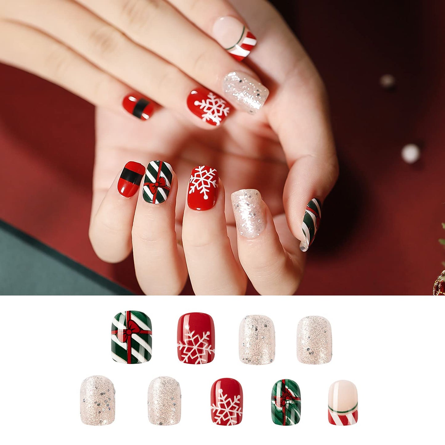 Noverlife 96PCS Christmas Short Squoval Press on Nails w/Nail Glue Tabs, Christmas Square Oval Fake Nails Acrylic Fingernails Xmas False Nail Tips, Festive Holiday Nail Art Manicure Decor for Women