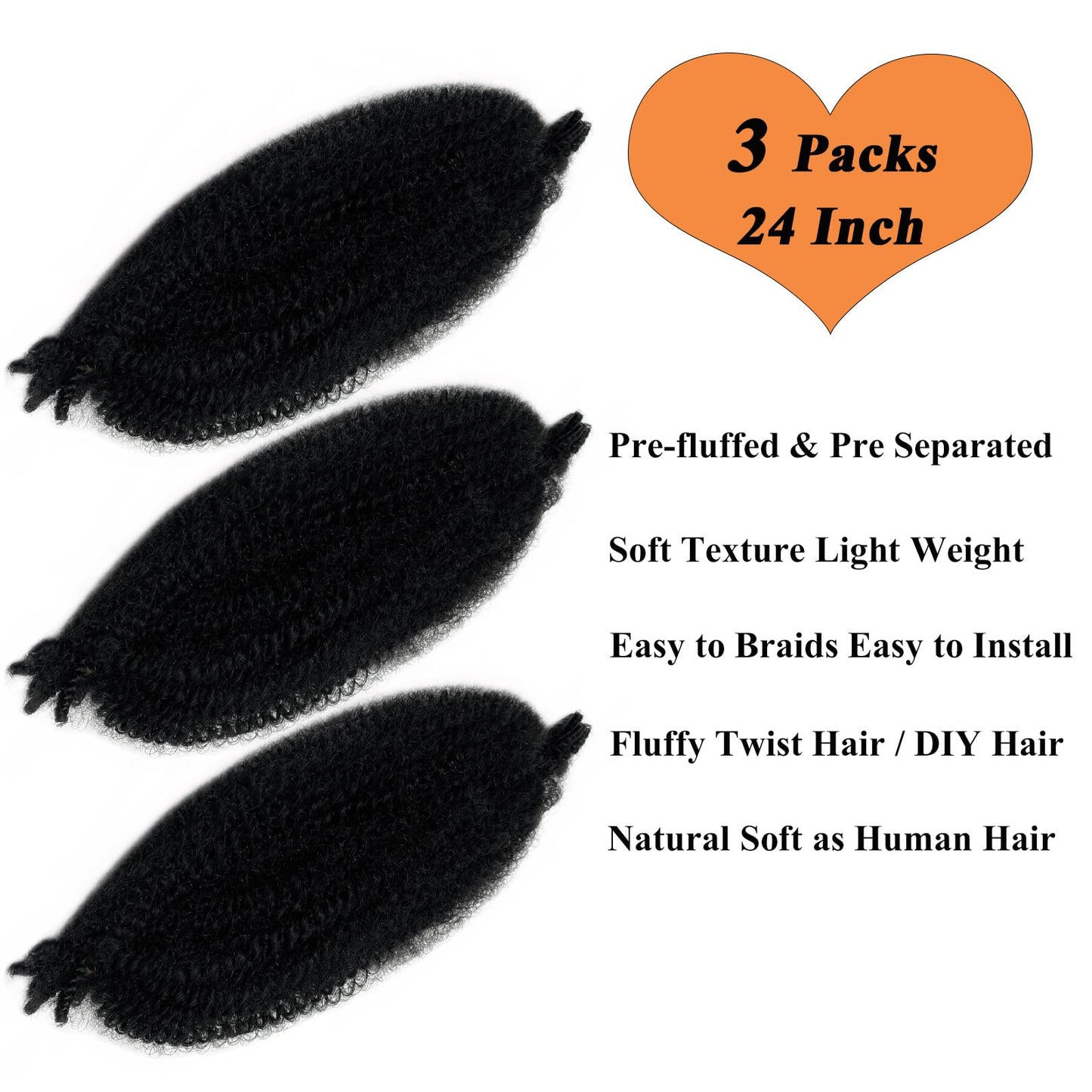 Marley Twist Braiding Hair Cuban Twist Marley Hair 24 Inch 3 Pack Springy Afro Kinky Twist Braiding Hair for Soft Faux Locs Pre Fluffed Stretched Spring Twist Hair Black Jamaican Twist Braid Hair