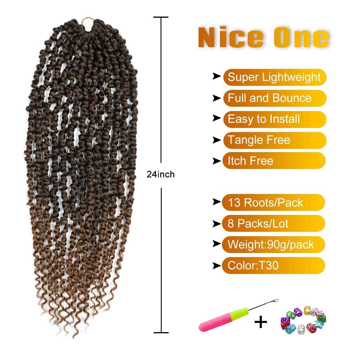 Nice One Long Passion Twist Crochet Hair for Women, Pre-Twisted Passion Twist Hair 24 Inch, 8 Packs Pre-Looped Ombre Brown Passion Twists Braiding Synthetic Hair Extensions (24 Inch (Pack of 8), T30)