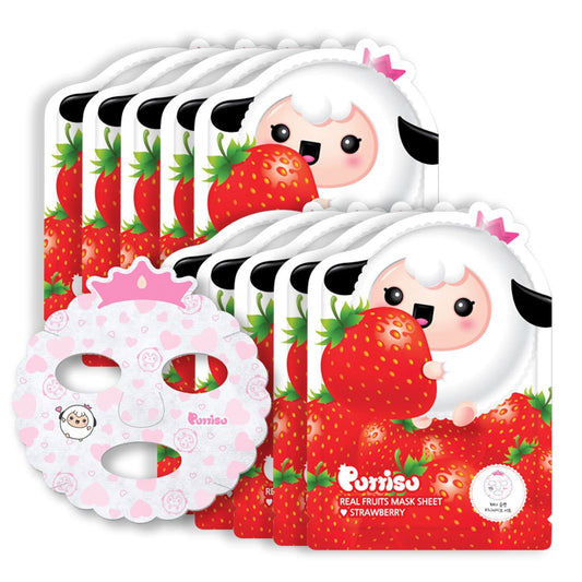 Puttisu Real Fruit Facial Mask Sheet for Kids, Children - Made with 100% Cotton, Moisturize, Sooths and Hydrates Skin (Strawberry- Pack of 10)