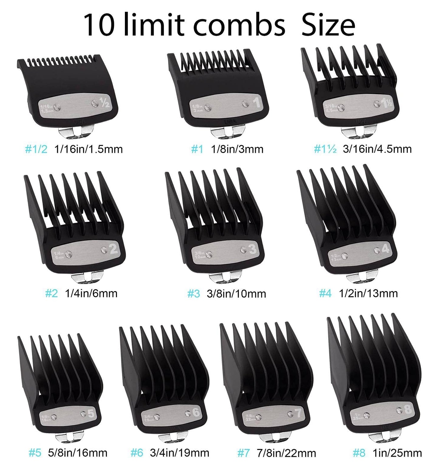 Clipper Guards Cutting Guides - Metal - 1/16 to 1 Inch, Compatible with Wahl - 10 Pack