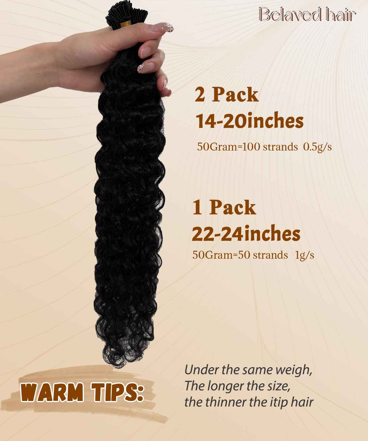 Curly I Tip Hair Extensions Human Hair Water Wave Cold Fusion Itip Flawless Microlinks Hair Extensions Invisible Blends Naturally Individual Strands for Black Women 50G 20Inch Black