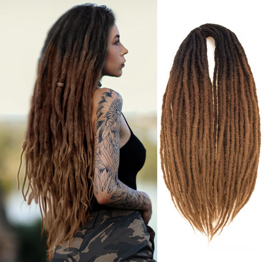 Dreadlock Extensions 24 Inch Synthetic Hippie Single Ended Dreads 15 Strands Ombre Brown 0.6 cm Width Loc Extensions Reggae Style Crochet Hair for Women (24 Inch (15 Strands), 1B/33/30)