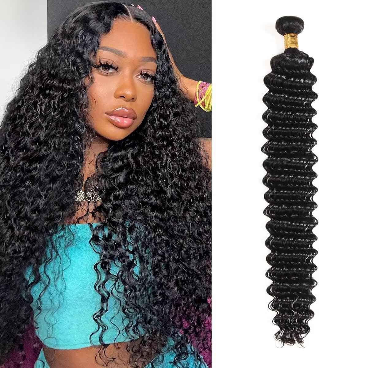 12A Human Hair Bundles 18 Inch Deep Wave Bundles Human Hair 100% Unprocessed Brazilian Virgin Deep Curly Weave 1 Bundle Water Wavy Hair Extensions Real Human Hair 1B Bundle for Women