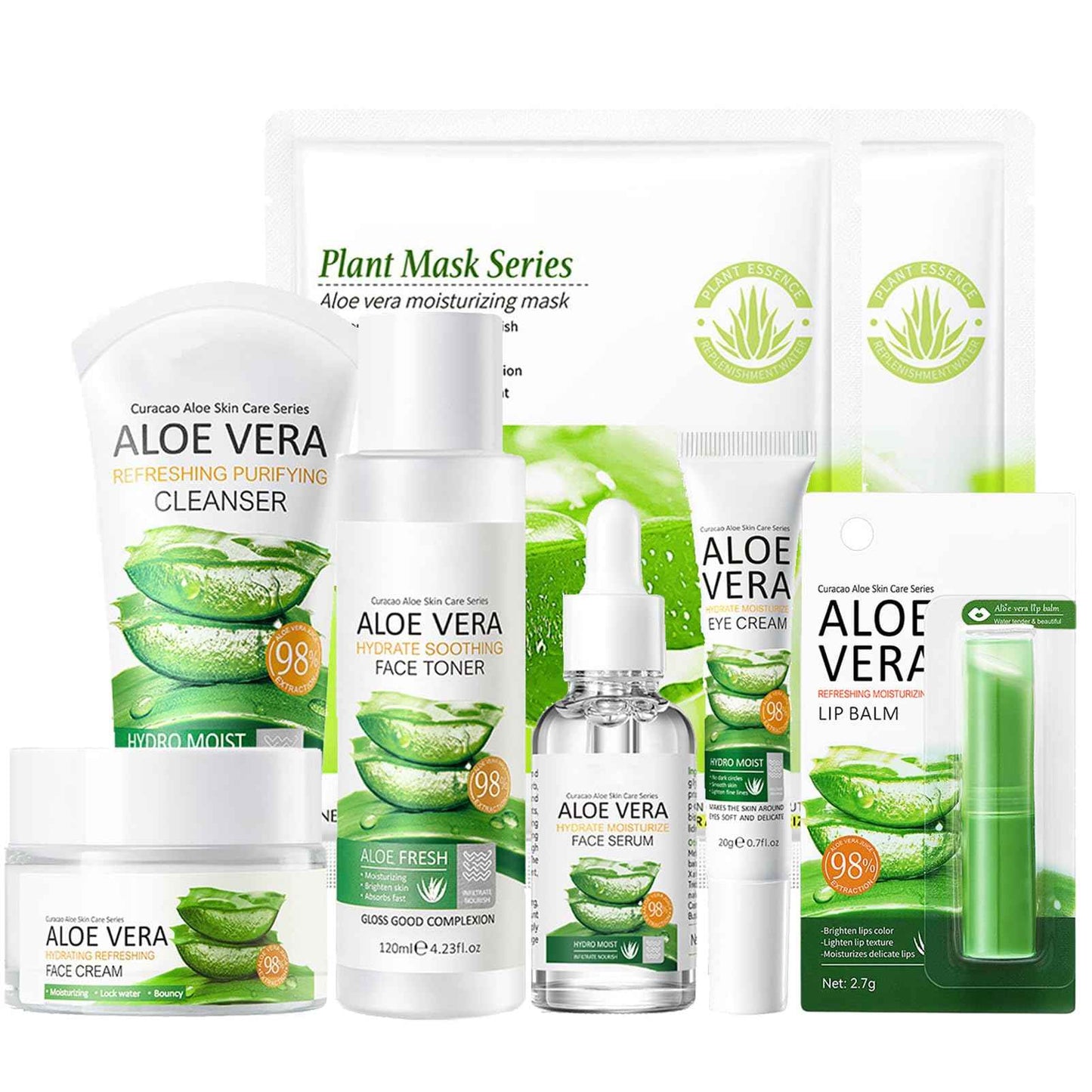 8Pcs Aloe Vera Skin Care Set - Face Care Kit With Cleanser, Mask, Toner, Serum, Lip Balm, Eye Cream, Moisturizer for Women Girls