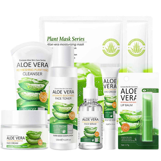 8Pcs Aloe Vera Skin Care Set - Face Care Kit With Cleanser, Mask, Toner, Serum, Lip Balm, Eye Cream, Moisturizer for Women Girls