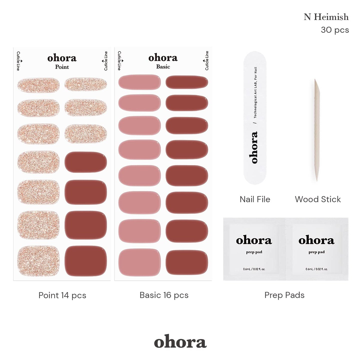 ohora Semi Cured Gel Nail Strips (N Heimish) - Brown, Glitter, Works with Any UV/LED Nail Lamps, Salon-Quality, Long Lasting, Easy to Apply & Remove - Includes 2 Prep Pads, Nail File & Wooden Stick