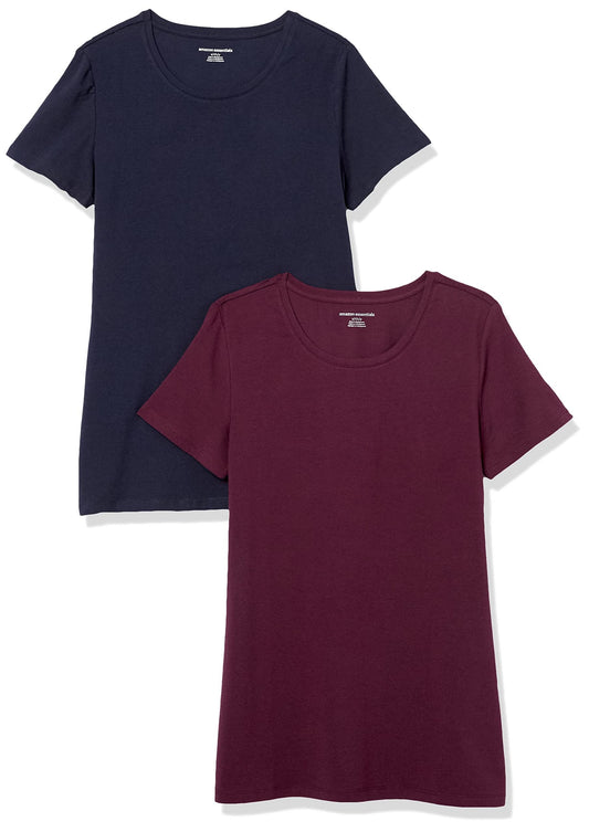 Amazon Essentials Women's Classic-Fit Short-Sleeve Crewneck T-Shirt, Pack of 2, Burgundy/Navy, X-Small