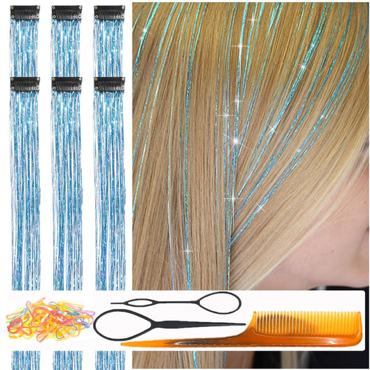 CelineBella Clip In Hair Tinsel Sky Blue Shiny Sparkle Fairy Hair 80 Strands/Pcs Very Cute for Girls Christmas New Year Halloween Party