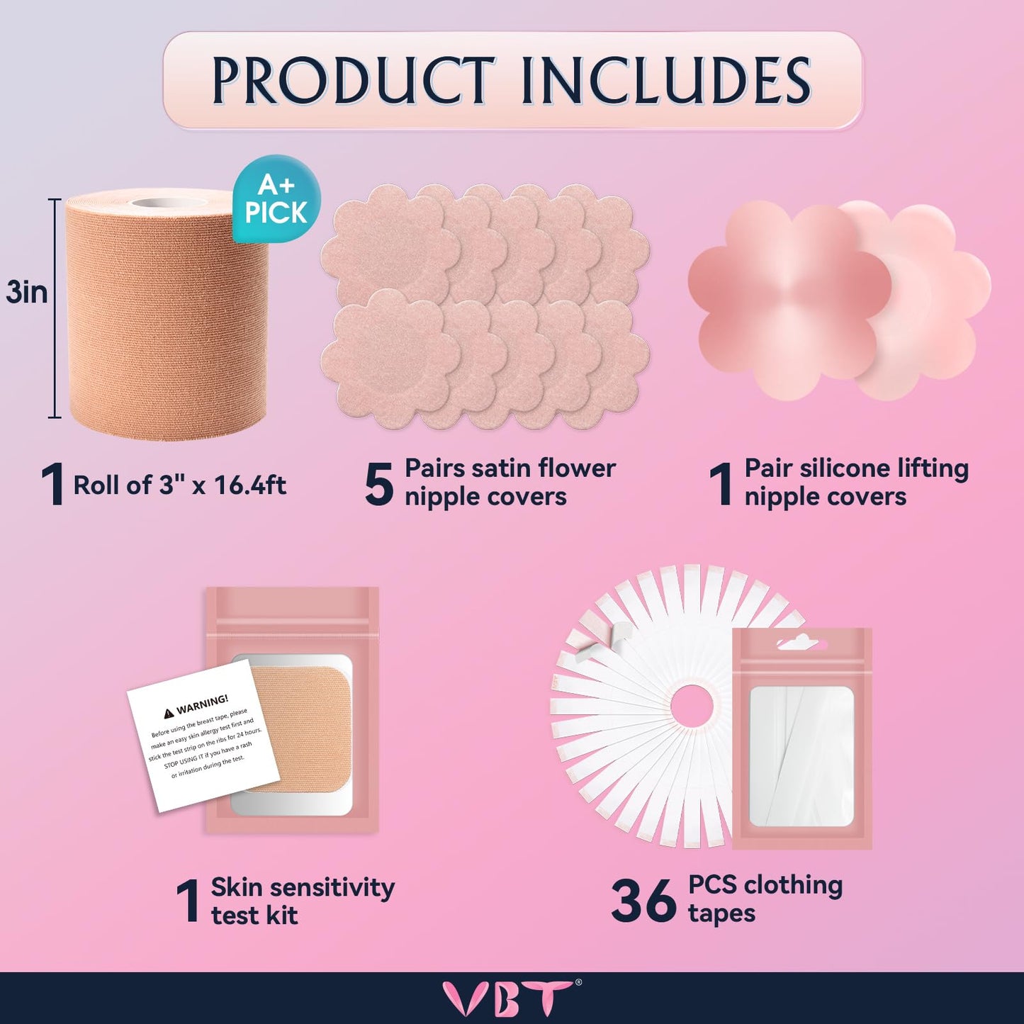 VBT Boob Tape, Replace Bra-Instant Breast Tape, Suitable for A-G, Bob Tape for Breast Lift w 1 Boobtape, 5 Pairs Satin Breast Petals, 1 Pair Silicone Nipple Stickers, 36 PCS Double Sided Tape Beige