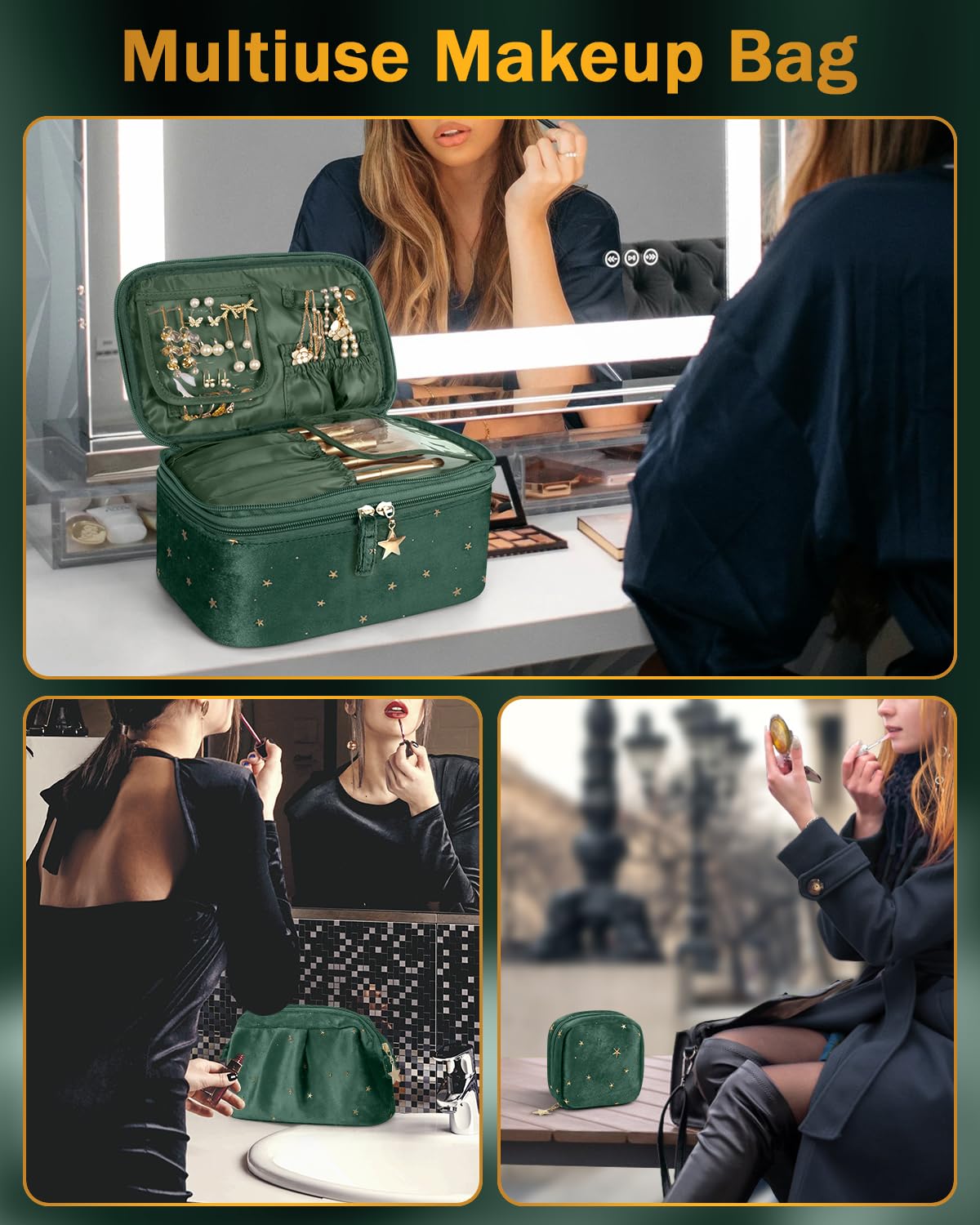 Wedama Makeup Bag, Double-layer Cosmetic Bag with Jewelry Storage and Brush Holders 3 Pcs Velvet Makeup Bag Set Travel Makeup Organizer Bags Cosmetic Case Toiletry Bag for Women Girls, Dark Green