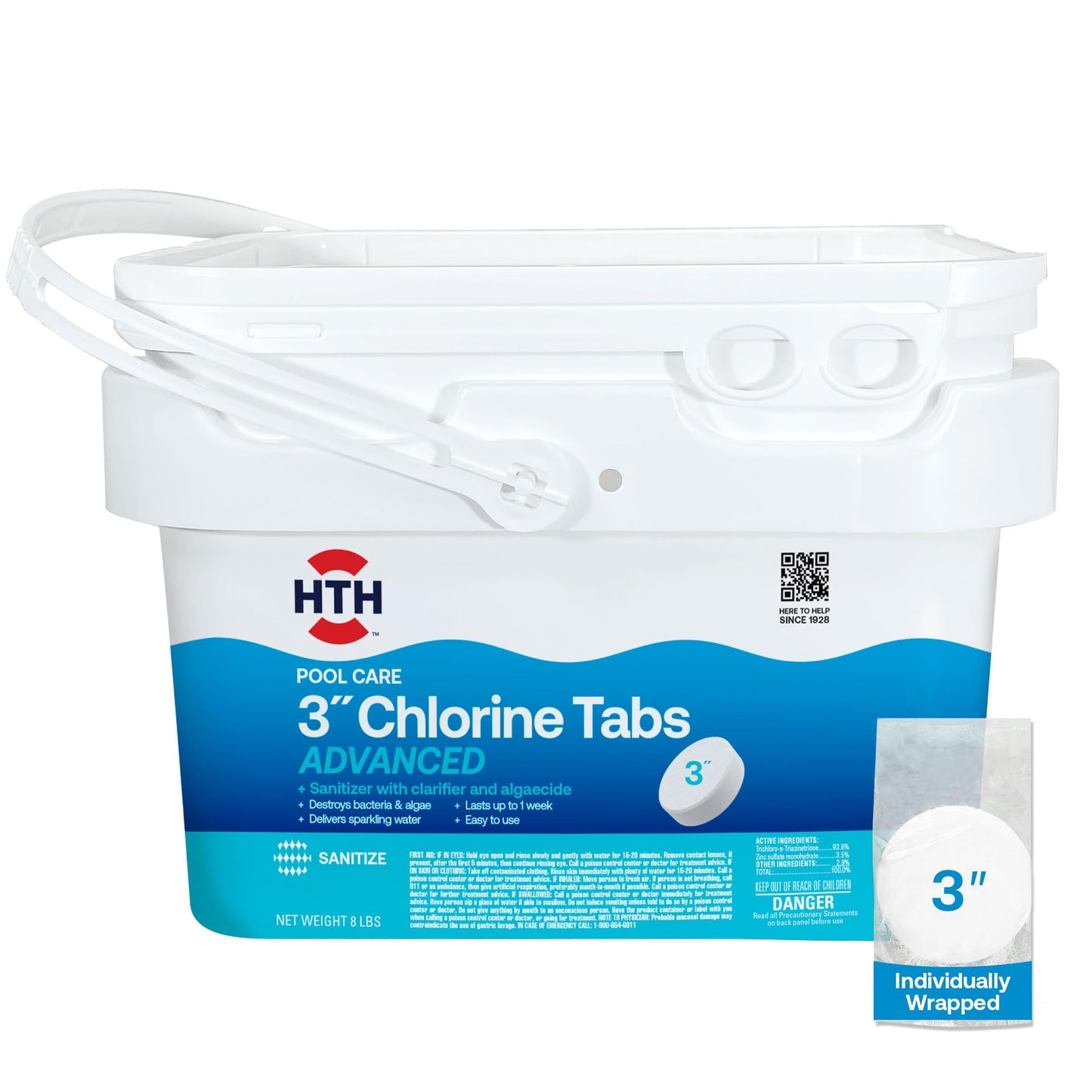 HTH 42053W Pool Care 3" Chlorine Tabs Advanced, Individually Wrapped Tablets - Swimming Pool Sanitizer with Clarifier & Algaecide, Destroys Bacteria & Algae, Delivers Clear Water All Season, 8 lbs