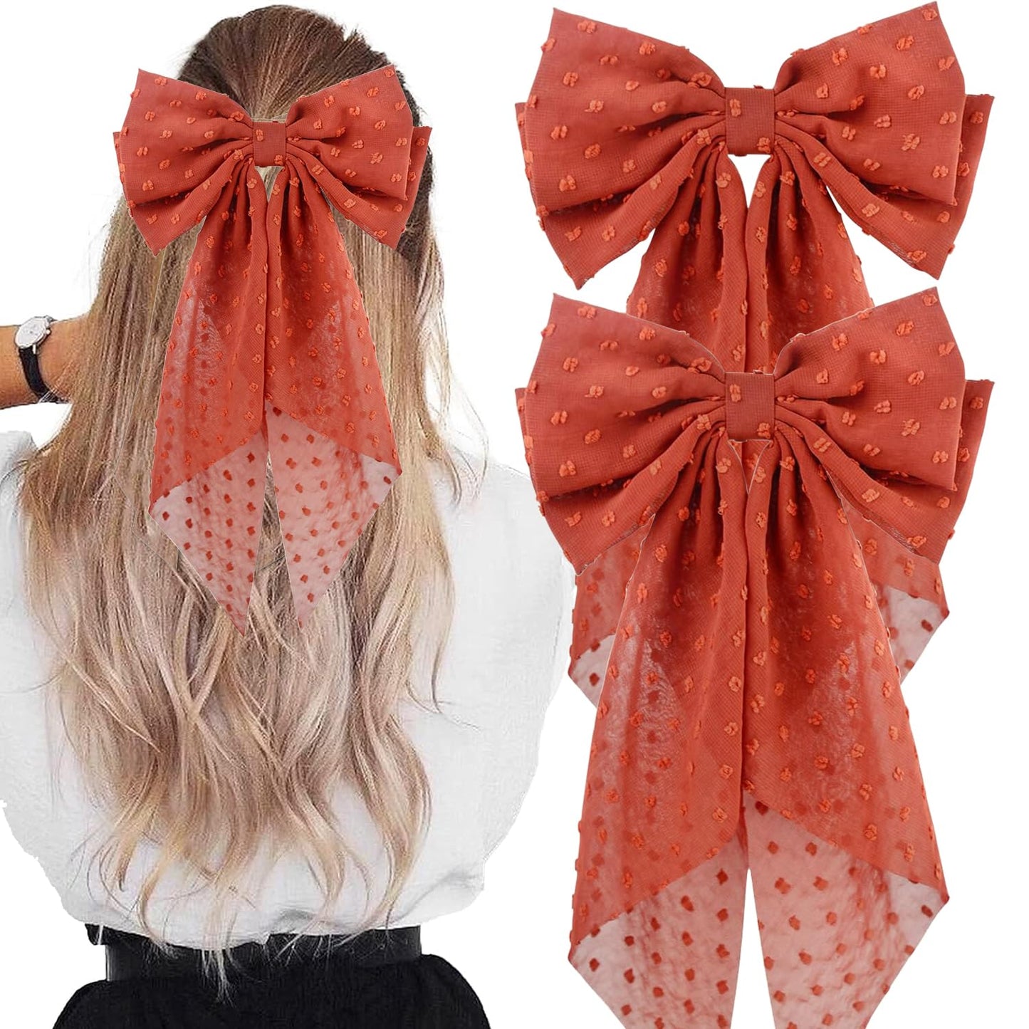 2PCS Large Hair Bows Ribbon Hair Clips, Double Layers Big Bow Hair Clip With Long Tail Ribbon Bowknot Hair Barrettes, Ponytail Holder Hair Accessories for Women Girls (Red-Orange)