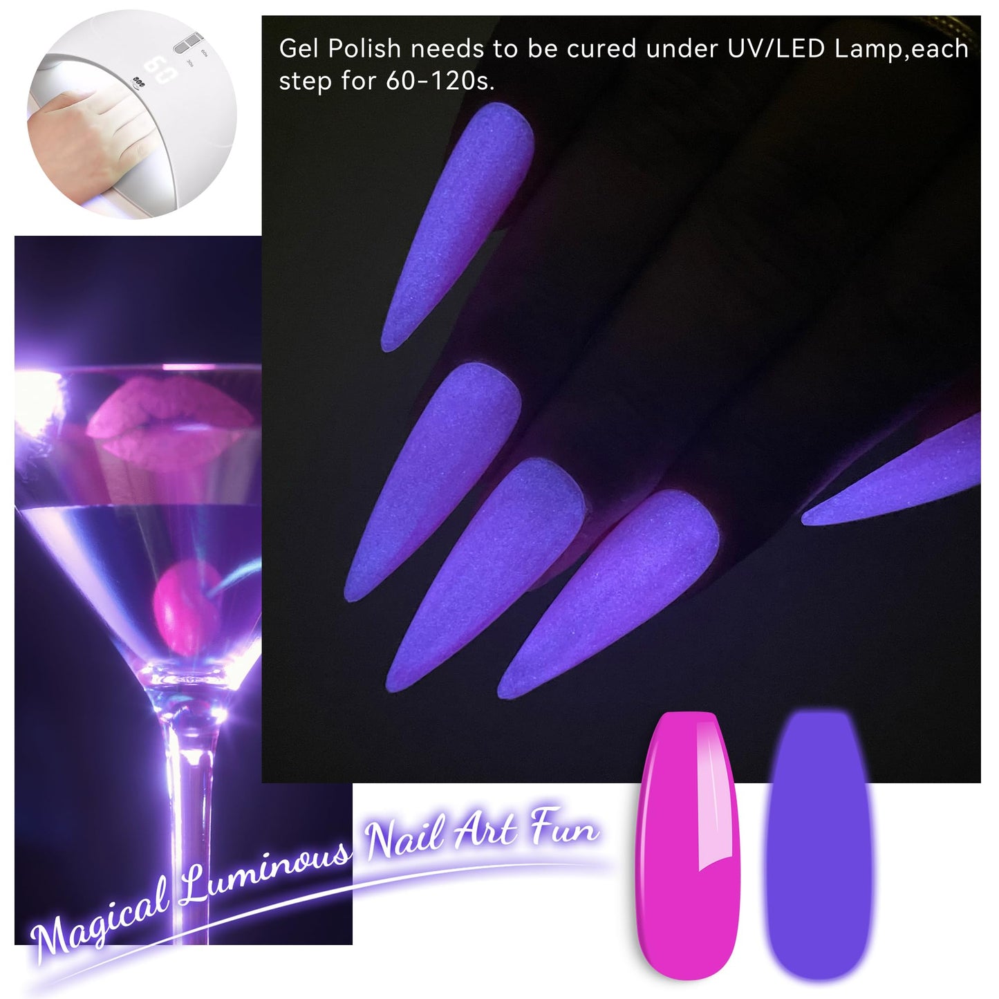 YTD Likomey Glow in the Dark Gel Nail Polish,15ml Hot Pink Color Purple Luminous Glow Effect UV Gel,Fluorescent Manicure Pinkish Purple Salon Home DIY UV Manicure Nail Art Varnish,YG380